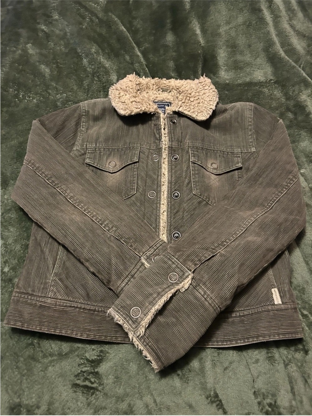 American Eagle Outfitters Olive Corduroy Sherpa-Trim Jean Jacket